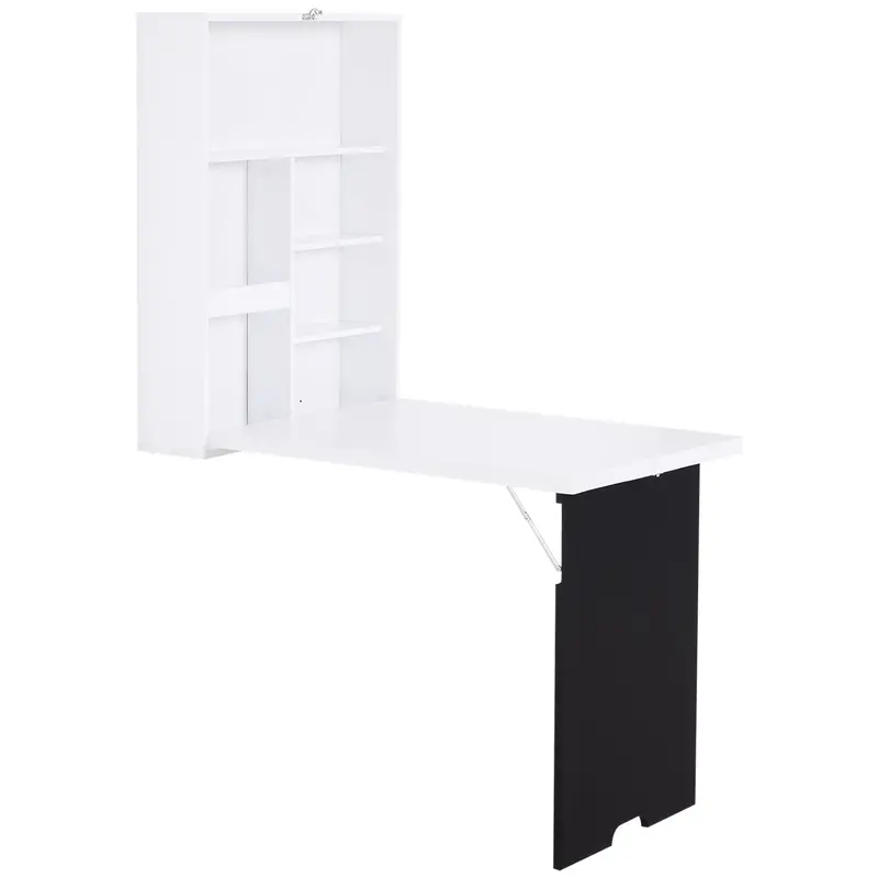 White Wall-Mounted Drop-Leaf Table with Chalkboard Shelf – Space-Saving Multifunction Folding Desk