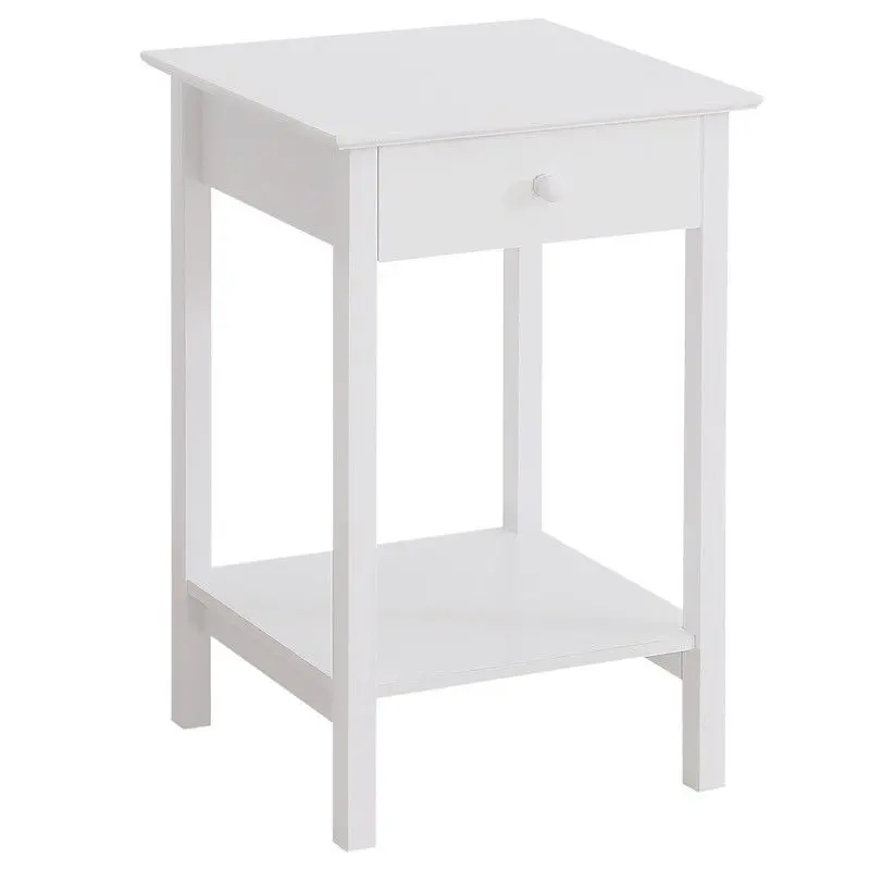 White Wooden Bedside Table with Drawer and Shelf – Modern Nightstand for Bedroom