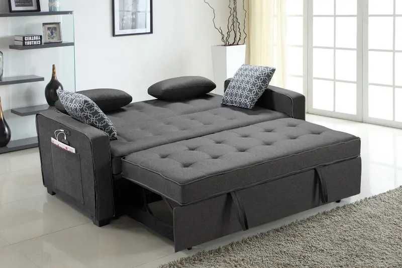 William Modern Sleeper Sofa in Gray with Dual USB Charging Ports and Four Decorative Pillows