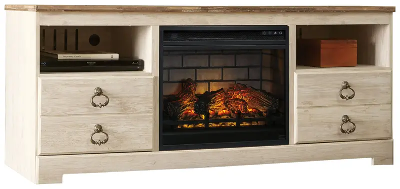 Willowton Two-Piece Whitewash TV Stand – 64″ Faux Firebrick Fireplace Set