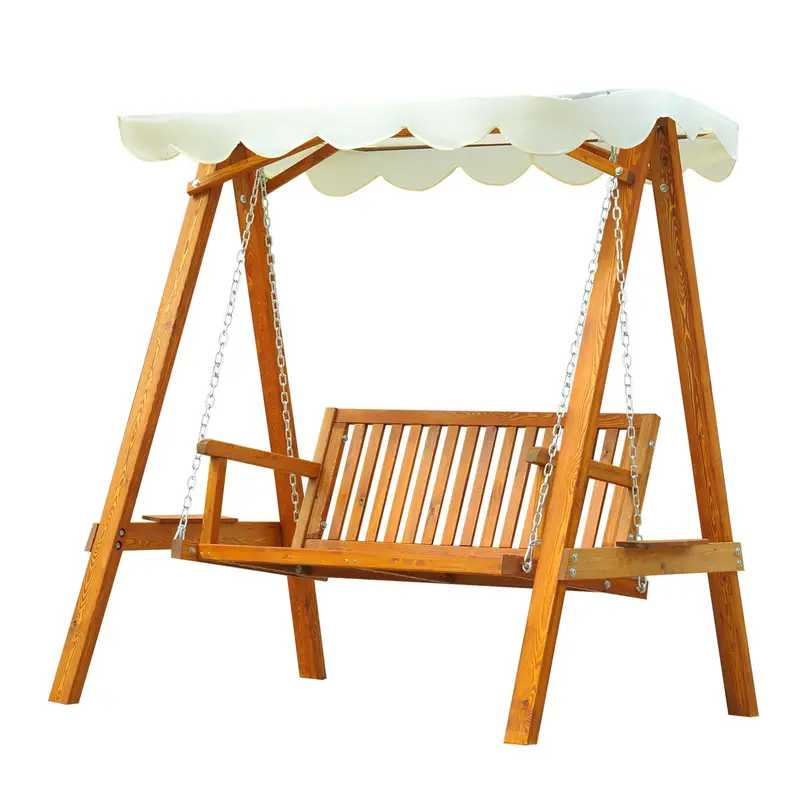 Wooden 2-Seater Outdoor Swing Bench – Garden Hammock Chair with Canopy Support