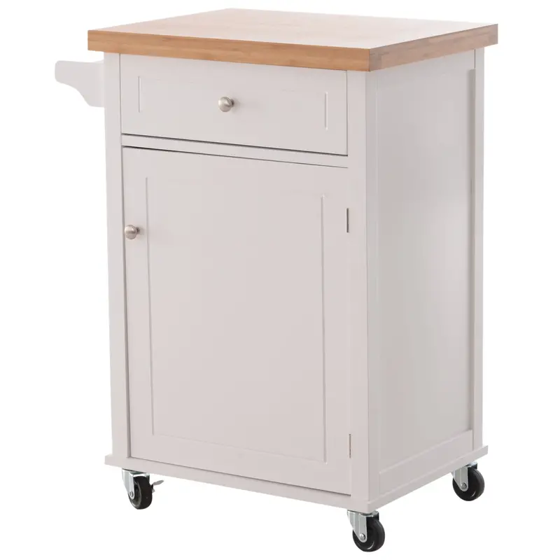 Wooden Kitchen Utility Cart – Rolling Storage Trolley with Drawer, Cupboard, Towel Rail, and White Finish