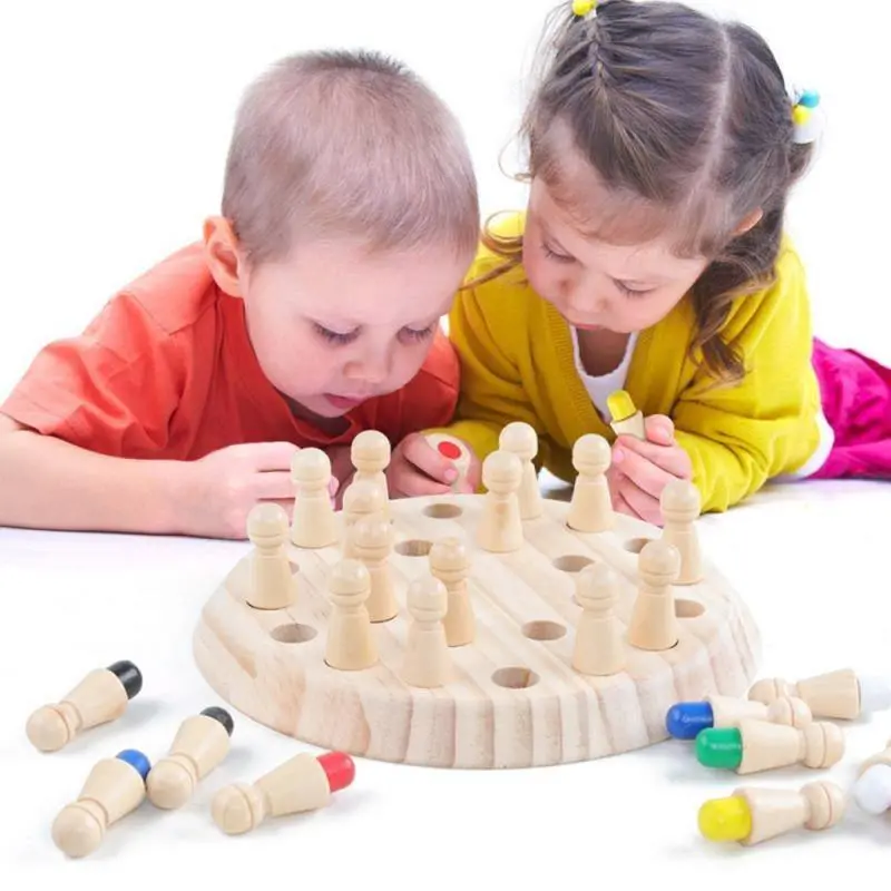 Wooden Memory Matching Game with Colorful Chess-Inspired Pieces