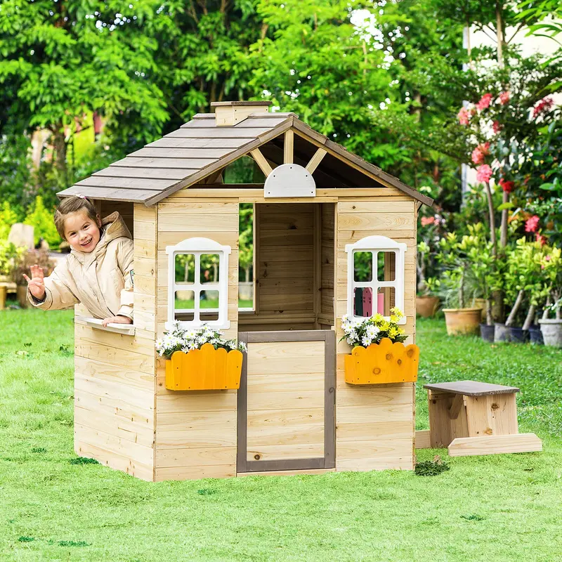 Wooden Outdoor Playhouse for Kids – Garden Cottage with Functional Door and Play Area