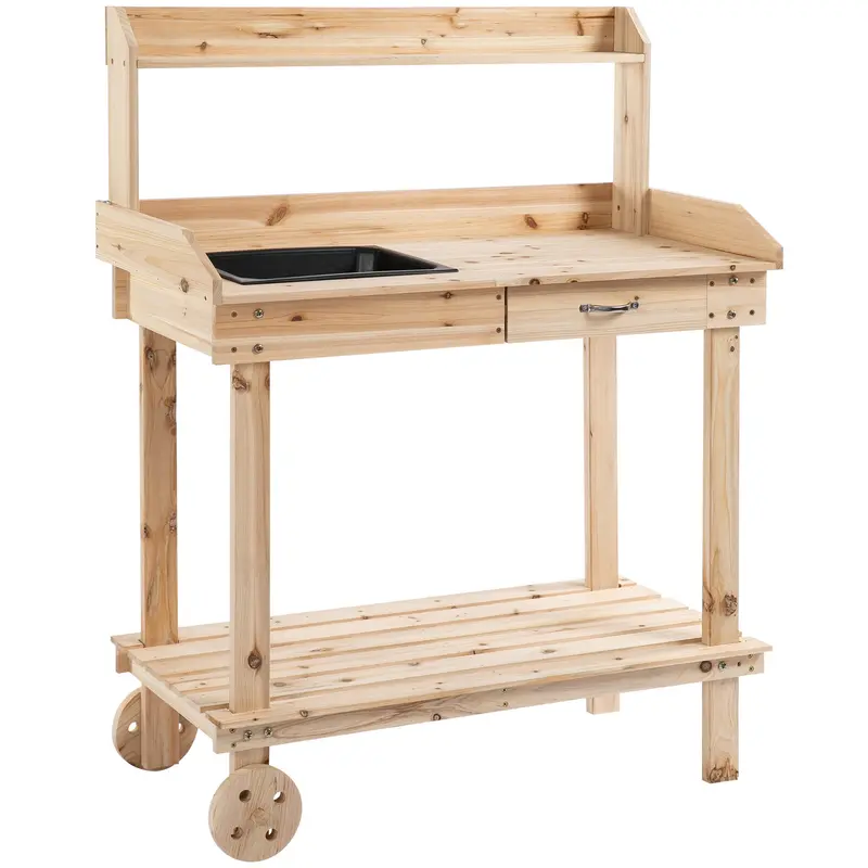 Wooden Potting Bench with Removable Castor Wheels – Garden Workstation for Planting and Prep