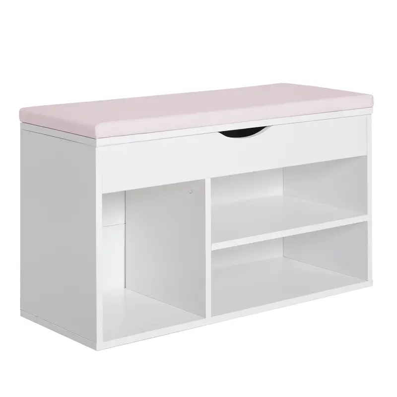Wooden Shoe Storage Bench with Padded Seat – White and Pink Hallway Organizer (80 x 30 x 47 cm)