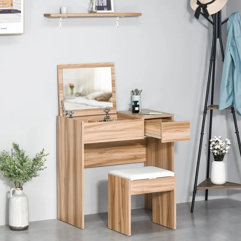 Woodgrain Dressing Table with Cushioned Stool and Flip-Up Mirror