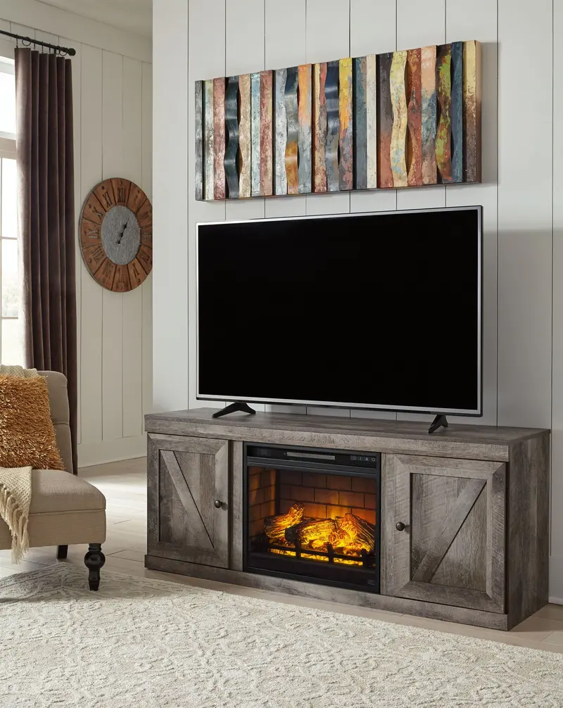 Wynnlow Gray TV Stand Featuring Faux Firebrick Fireplace Insert