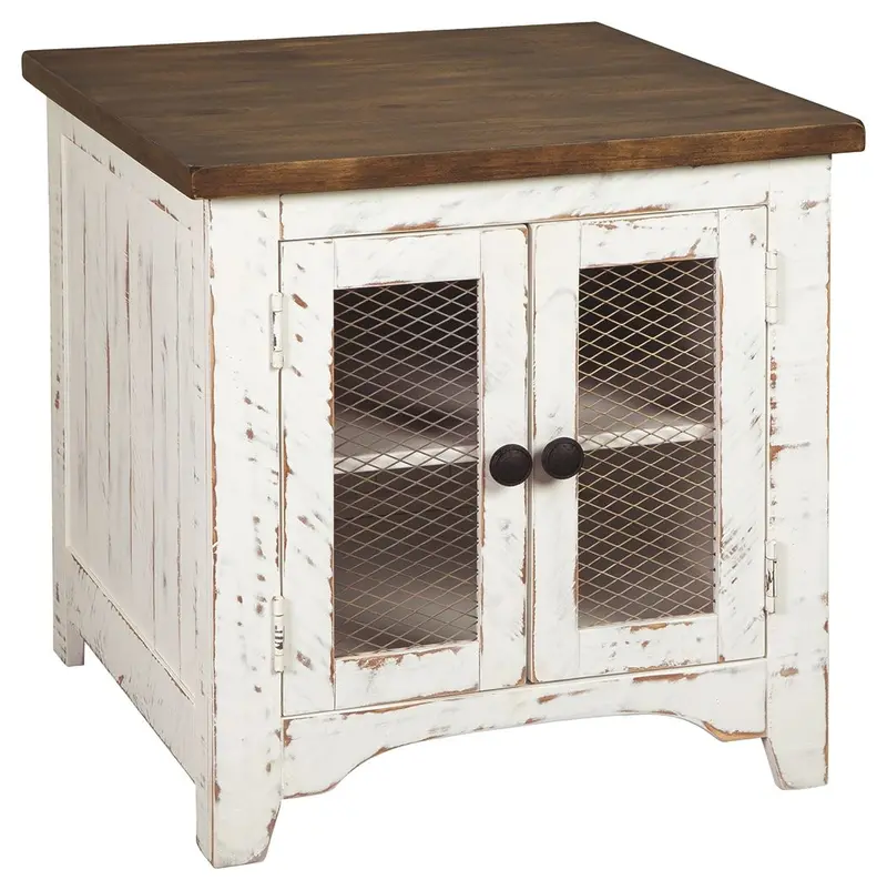 Wystfield Rectangular End Table with Two Cabinets – White and Brown Finish