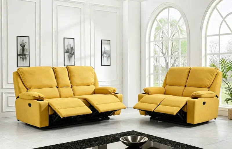 Yellow Manual Reclining Sofa and Loveseat Set with Storage Console and Dual Cup Holders