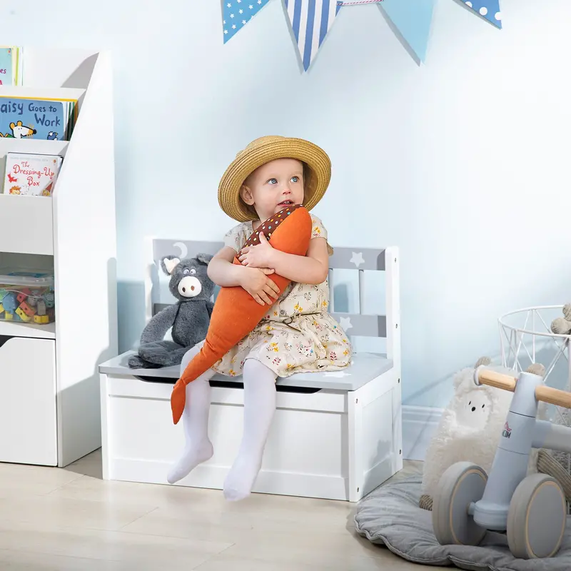 ZONEKIZ Dual-Function Wooden Toy Chest with Lid Safety Hinge